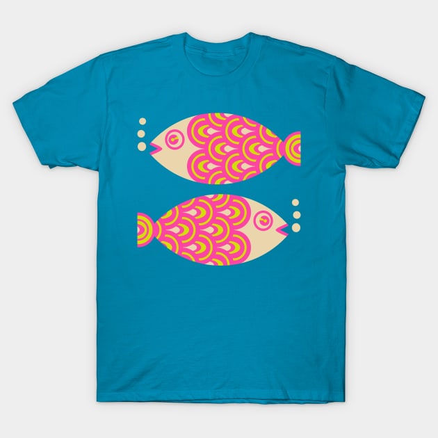 TWO FUN SWIMMING GEOMETRIC FISH in Bright Hot Pink, Chartreuse Green and Sand - UnBlink Studio by Jackie Tahara T-Shirt by UnBlink Studio by Jackie Tahara